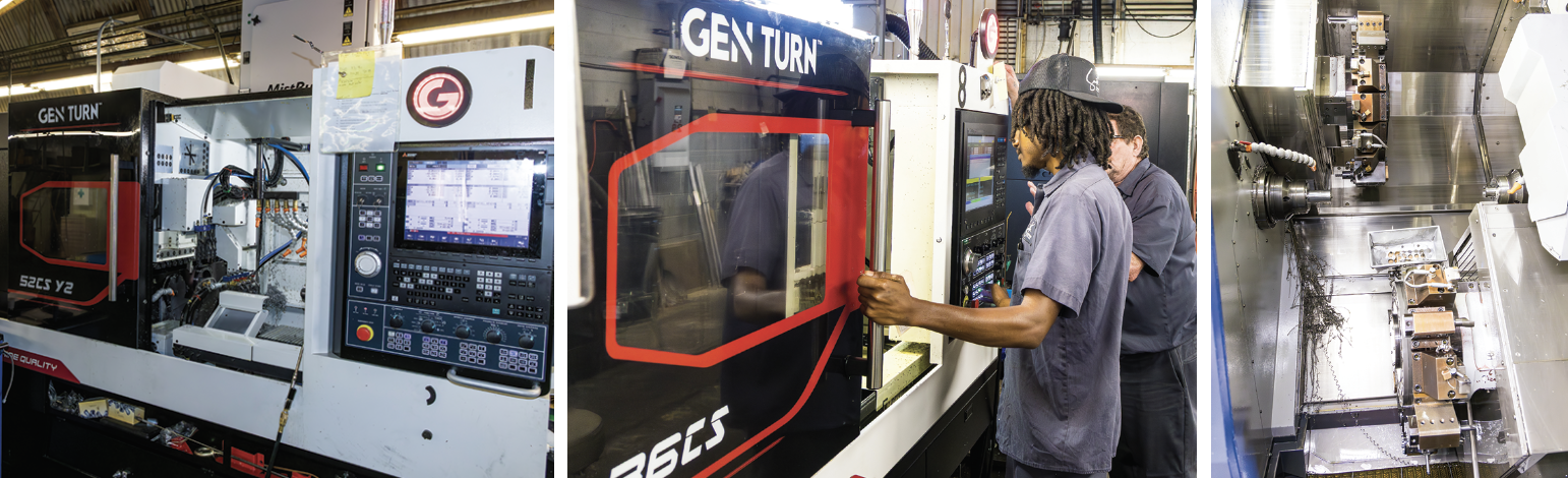 The GenTurn 52CS is the latest purchase in the Smith Brothers’ lineup. It has a 52mm capasity, 8 axis, live tooling and subspindle. Center - The GenTurn 36CS is the bread and butter machine at Smith Brothers because of its versatility. Right - The GenTurn 70mm TTMY mill-turn with dual 16-Station live tooling has a ton of power for fast and deep cuts on both spindles.